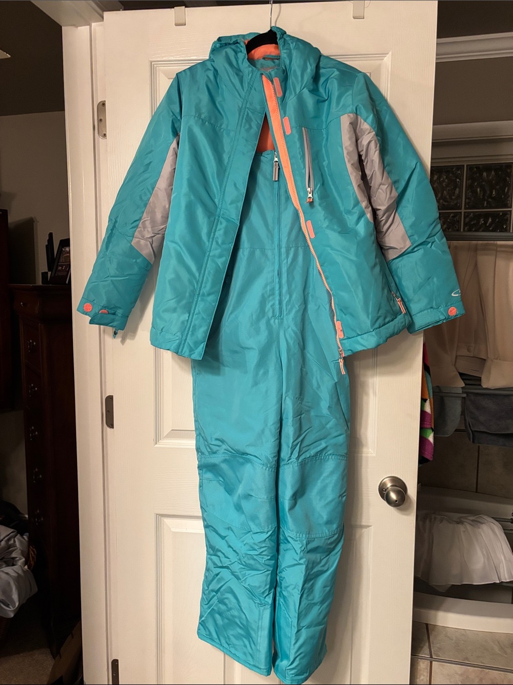 Champion Girl’s Teal and Gray Winter Ski Bibs and Coat with Coral Accents